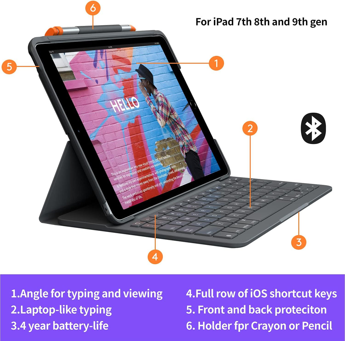 Logitech IPad (7th, 8th and 9th Generation) Keyboard Case Slim Folio (Graphite) Used Like New
